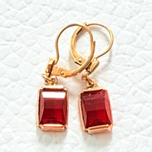 Vintage 14K Gold Kordes & Lichtenfels Drop Earrings, Emerald Cut Red Garnet Paste Leverbacks, Pforzheim Germany Circa 1960s Estate Jewellery