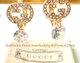 Authentic Gucci Interlocking G Crystal Drop Earrings | Gold-Toned Brass | New in Box & Pouch | Luxury Designer Fashion Jewellery