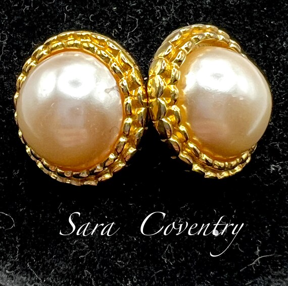 Sara Coventry Faux Pearl , gold tone pierced ear … - image 1