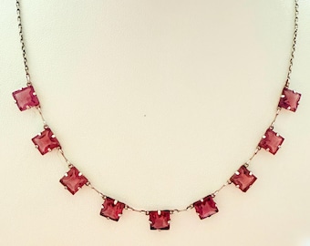 Rare Art Deco Sterling Silver Color-Change Alexandrite Glass Choker Necklace, Circa 1929 Patent, W.H. Collins, Amethyst to Rose Pink Rivière