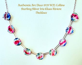 Authentic Art Deco 1929 W.H. Collins Sterling Silver Iris Glass Riviere Necklace | Patented Design 311897 | 9-Stone Rainbow Paste Choker