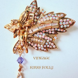 vintage stunning Kirks Folly Gold tone Aurora Borealis and Baguette Rhinestones Fairy Pin brooch looks as new