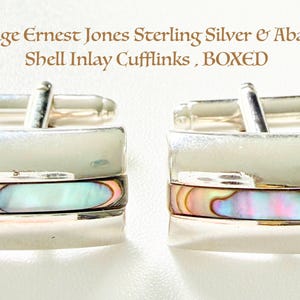 Gemelos vintage Ernest Boxed Jones de plata e incrustaciones de concha de abulón – Barra giratoria rectangular de nácar iridiscente