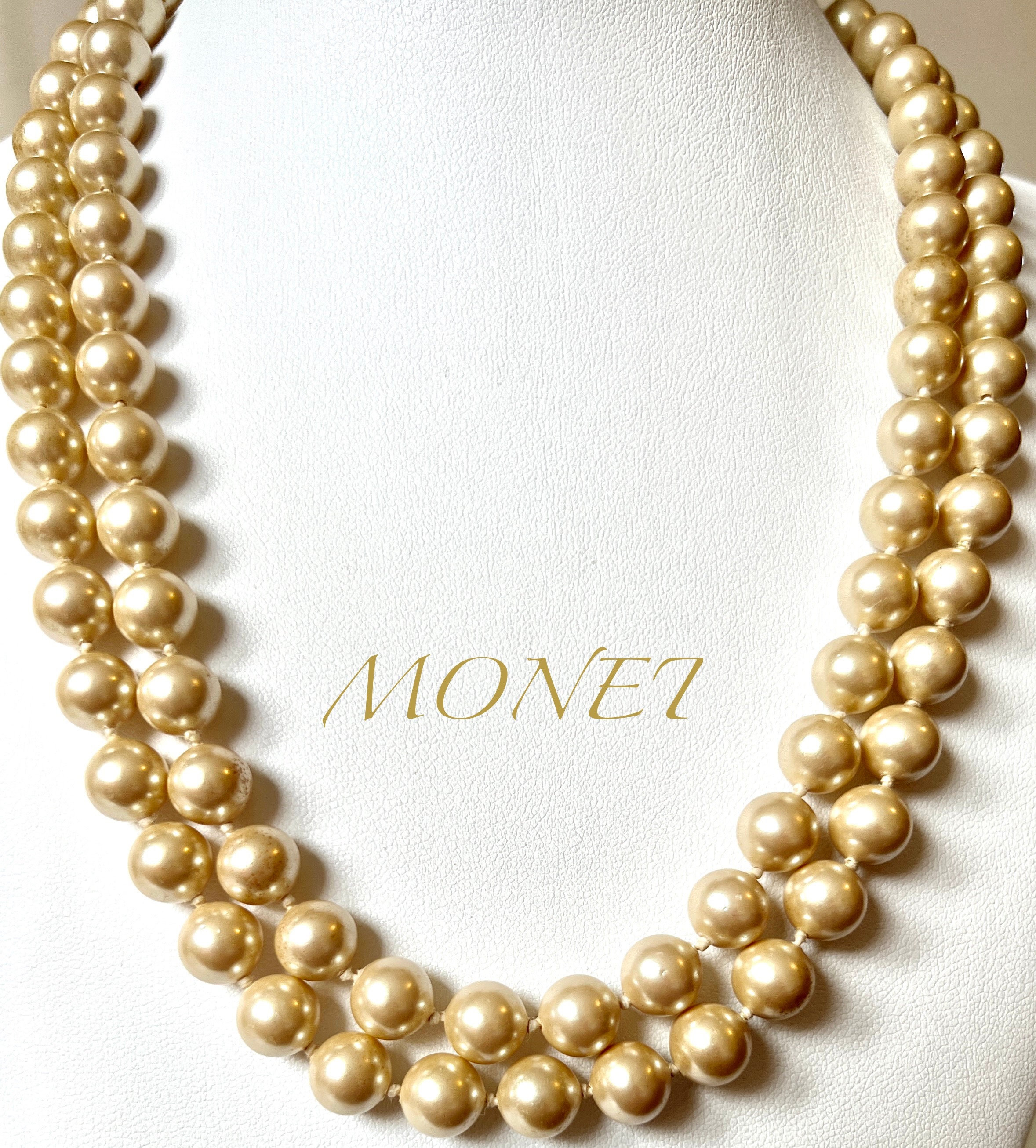 Vintage Monet Necklace, 1980s Cream & Silver Simulated Pearls - Ruby Lane
