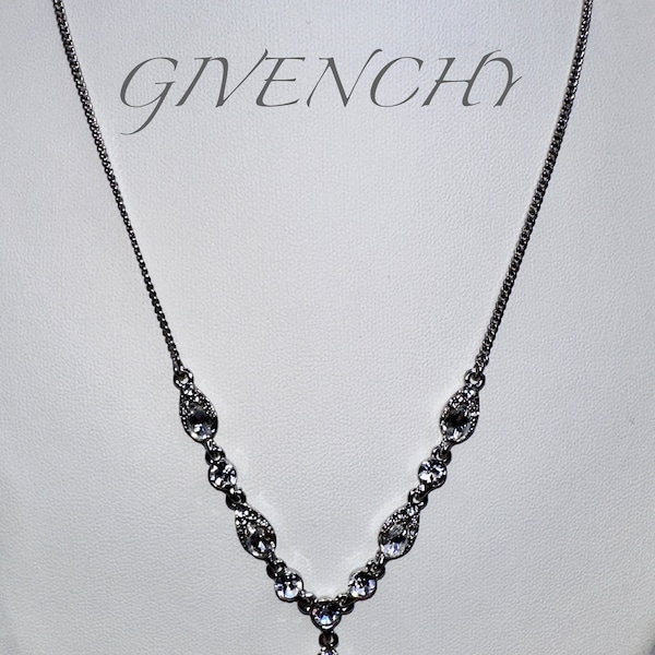 Signed Givenchy Sparkling Clear Swaovski Crystal Silver Drop Necklace, As New Pre Owned