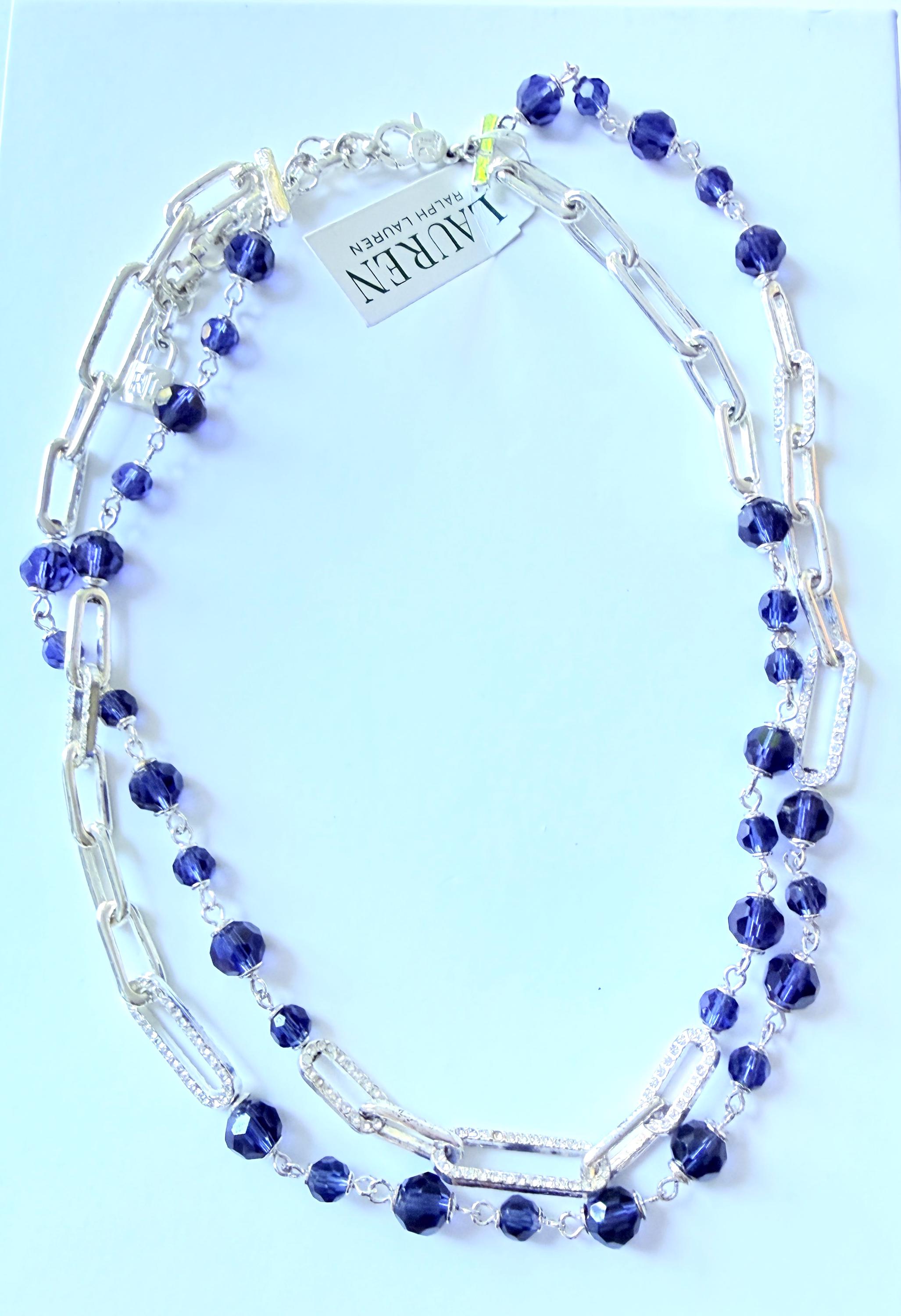 Lauren Ralph Lauren Blue Beaded Pavé Crystal Paperclip Link