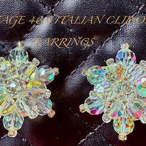 vintage 40s italian made dazzling AB crystal  statement clip on earrings in a star cluster