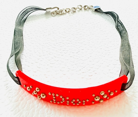 Rare Vintage Christian Dior Red Studded Lucite Ribbon Choker