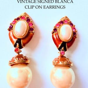 Vintage Rare Blanca couture statement faux pearl gold plate drop clip on earrings VGC worn once