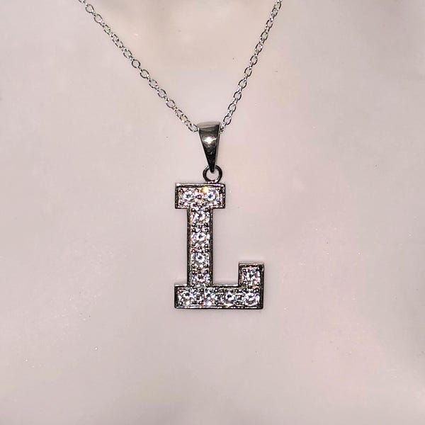 Sparkling vintage 50's sterling silver inital pendent  letter L filled with outstanding cut cultured sapphire stones , pre owned VGC