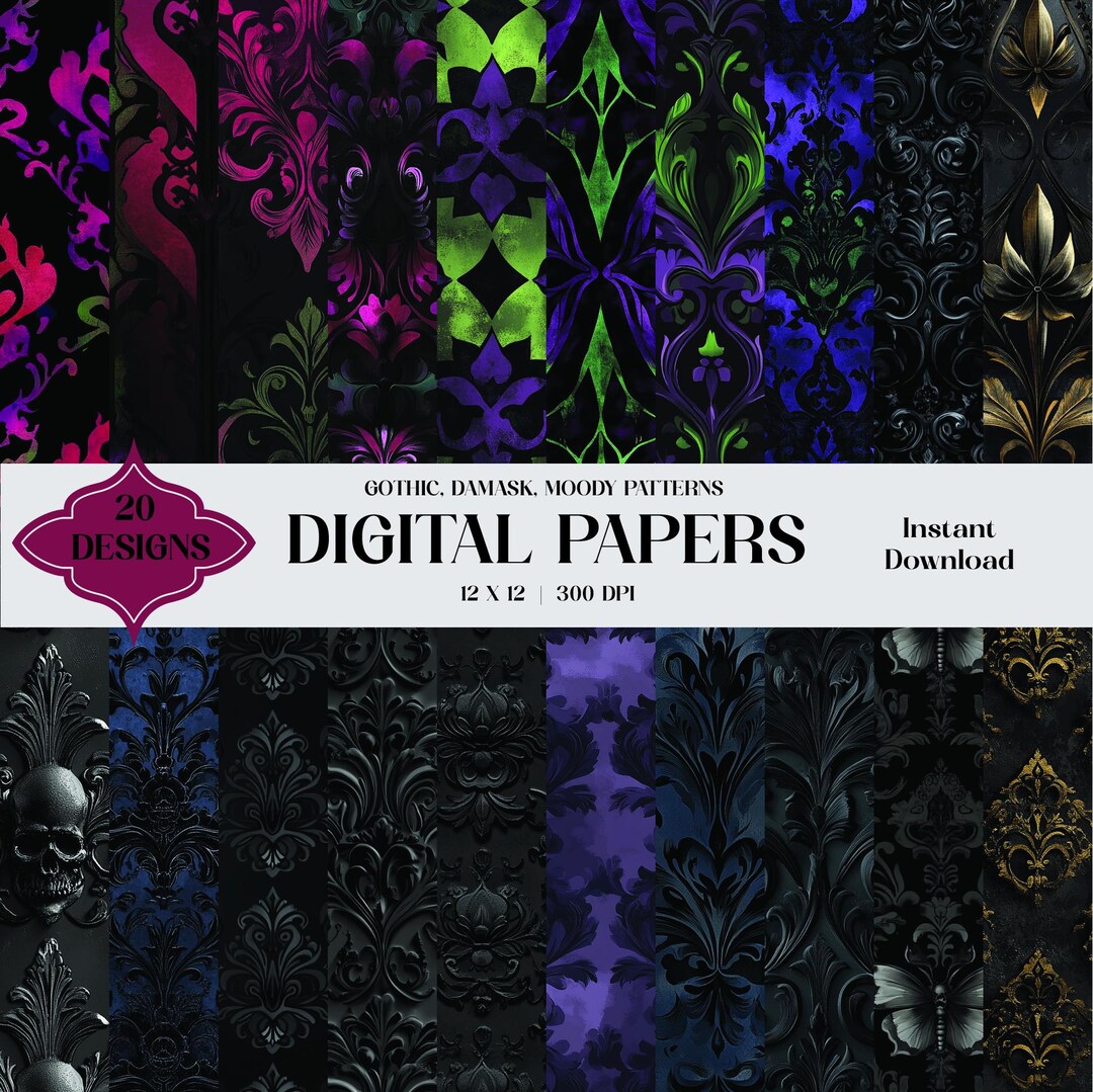 Gothic Damask Pattern Digital Paper Pack - 20 High-resolution Designs ...