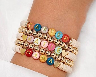 Personalised Name Custom Beaded Word Bracelet, Gold Silver Heishi, Mama Mum Mummy Mom Daddy, Womens Heart Personalised Bracelet