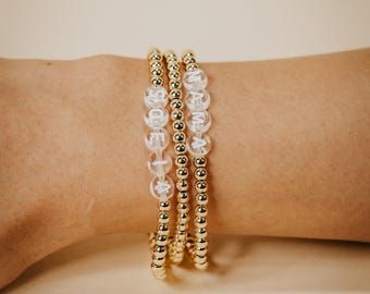 Custom Name Bracelet, Gold/Silver Beaded Stacking Bracelets, Personalised Name Bracelet, Clear Bead, Elegant, Mothers Day Gift for Her
