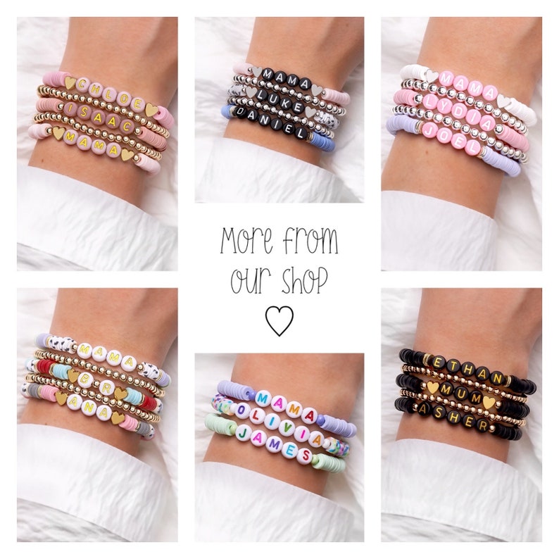 May include: A collection of personalized beaded bracelets in various colors, including pink, blue, and black. Each bracelet features gold-colored beads and lettered beads spelling out names and words. The image also includes the text "More from our shop".