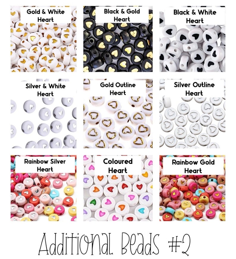 May include: A collection of heart-shaped beads in various colors and styles. The beads include gold and white, black and gold, black and white, silver and white, gold outline, silver outline, rainbow silver, colored, and rainbow gold. Text reads "Additional Beads #2."