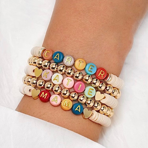 Custom name bracelet, stretch beaded bracelet, Baby name stackable Bracelets, Mom Bracelet, Heart bracelet, personalised bracelet