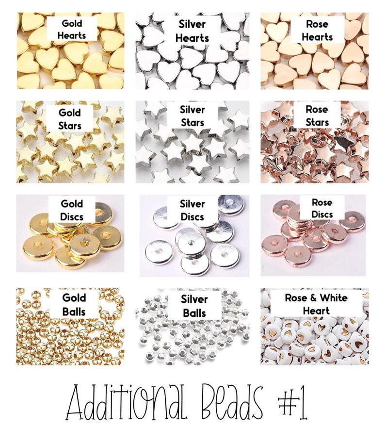 May include: A collection of various beads in gold, silver, and rose gold tones. The beads include heart, star, disc, and ball shapes. The text on the image reads "Gold Hearts", "Silver Hearts", "Rose Hearts", "Gold Stars", "Silver Stars", "Rose Stars", "Gold Discs", "Silver Discs", "Rose Discs", "Gold Balls", "Silver Balls", and "Rose & White Heart". The text "Additional Beads #1" is also present.