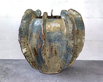 Handmade Ceramic Vase, Sculptural Organic Form, Rustic Blue Pottery, Artistic Home Decor