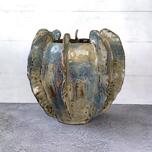 Handmade Ceramic Vase, Sculptural Organic Form, Rustic Blue Pottery, Artistic Home Decor