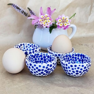 Handmade Ceramic Egg Cups – Blue Polka Dot Pottery – Rustic Boiled Egg Holders – Easter Breakfast Gift – Farmhouse Kitchen Decor