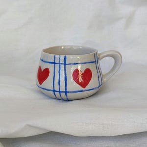Handmade Ceramic Mug: Red Hearts & Blue Plaid - Pottery Gift