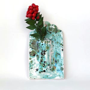 Handmade Turquoise Ceramic Wall Vase, Floral Hanging image 1