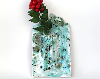 Handmade Turquoise Ceramic Wall Vase, Floral Hanging