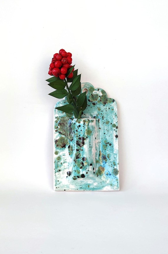 Handmade Turquoise Ceramic Wall Vase, Floral Hanging