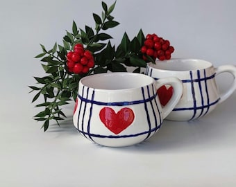 Handmade Ceramic Mug: Red Hearts & Blue Plaid - Pottery Gift