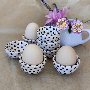 Black Polka Dot Ceramic Egg Cups – Minimalist Pottery for Modern Breakfast Table or Easter Gift- Egg holder