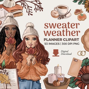Fall Planner Girl Clipart: Sweater Weather Autumn Fashion PNGs (Digital Download)