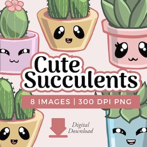 Illustrazioni clipart di piante succulente carine / Download di clipart di piante kawaii / cactus, uso commerciale, download immediato di png
