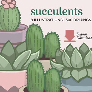 Ilustraciones de suculentas terrosas / Imágenes prediseñadas de plantas en macetas / Descarga de cactus, uso comercial, descarga instantánea png
