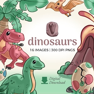 Ilustrações de clipart de dinossauro | Cute Dinosaurs Clip Art Download instantâneo | Dino PNG Digital Download, Brachiosaurus Image, T-Rex graphic