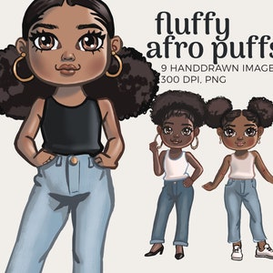 Imágenes prediseñadas de afro puffs lindos / Imágenes prediseñadas de cabello natural / Chica planificadora, Chica de moda, ilustración, descarga instantánea