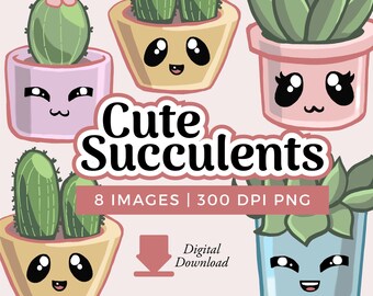 Kawaii Succulent Clipart | Smiling Cactus Illustrations (Digital Download)