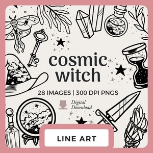 Arte lineal de bruja celestial / Descarga de imágenes prediseñadas dibujadas a mano / Ilustraciones de brujas cósmicas / Dibujo lineal de sombrero de bruja, gato negro png, cartas del tarot