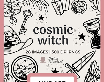 Celestial Witch Line Art | Hand-Drawn Clipart Download | Cosmic Witch illustrations | Witch hat lineart drawing, black cat png, tarot cards