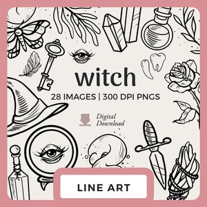 Dibujo lineal de bruja / Imágenes prediseñadas dibujadas a mano / Ilustraciones de brujería / Dibujo lineal de sombrero de bruja, gato negro png, bola de cristal y carta del tarot