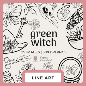 Arte lineal de bruja de hierbas / Descarga de imágenes prediseñadas dibujadas a mano / Ilustraciones de brujas verdes / Dibujo lineal de sombrero de bruja, gato negro png, mortero y maja