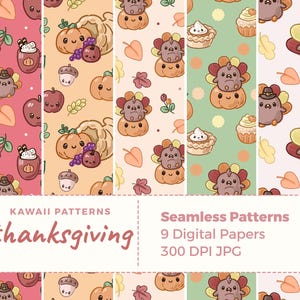 Padrões sem emendas de Ação de Graças Kawaii | Pacote de papel digital Kawaii | Páginas fofas de scrapbook do Dia do Peru, abóboras, perus e plantas de colheita