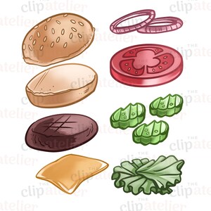 May include: A set of cartoon burger ingredients, including a sesame seed bun, a bottom bun, a beef patty, a slice of tomato, two onion rings, a slice of cheese, lettuce, and three pickle slices.