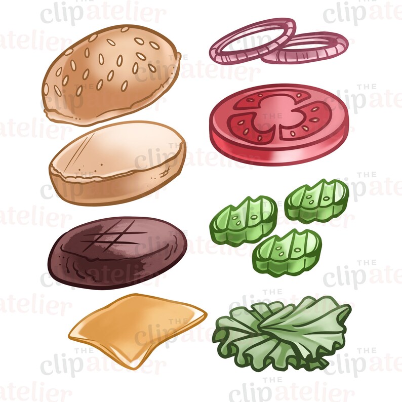 May include: A set of cartoon burger ingredients, including a sesame seed bun, a bottom bun, a beef patty, a slice of tomato, two onion rings, a slice of cheese, lettuce, and three pickle slices.