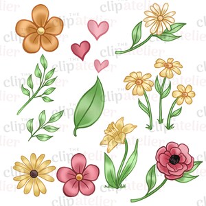 May include: A set of digital illustrations featuring various flowers, leaves, and hearts. The flowers are in shades of yellow, pink, and orange. The leaves are green, and the hearts are pink.