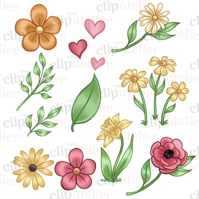 May include: A set of digital illustrations featuring various flowers, leaves, and hearts. The flowers are in shades of yellow, pink, and orange. The leaves are green, and the hearts are pink.