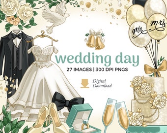 Wedding Clipart Set: Decor, Doves, Cake, & engagement ring (PNG Download, 27 Images)