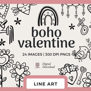 Dessin au trait noir Boho Valentine | Images Clipart V-Day dessinées à la main | Amour et romance PNG | Timbres numériques coeurs, arcs-en-ciel et camion de fleurs