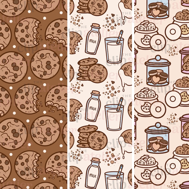 Cookies and Milk Seamless Patterns | Cookie Jar Digital Paper Pack | Chocolate chip cookies and milk scrapbook pages, fun Jpg image files