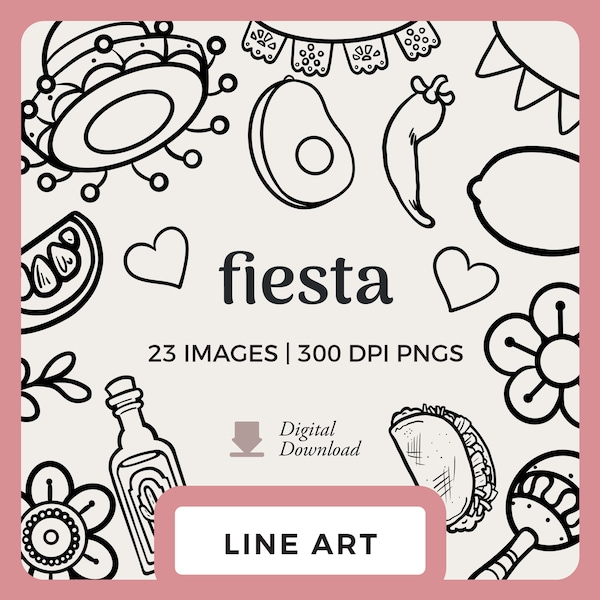 Cinco De Mayo Line Art | Hand-Drawn Clipart Images | Black and White PNG image files | Mexican Fiesta graphics, avocado and guacamole image