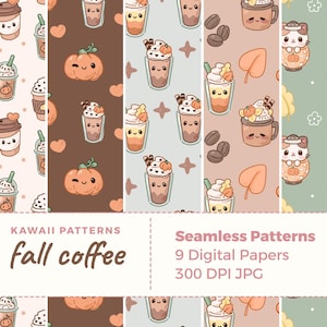 Patrones sin costuras de café de otoño kawaii / Paquete de papel digital kawaii / Lindas páginas de álbum de recortes de tazas de café, descarga de imágenes de calabazas y otoño
